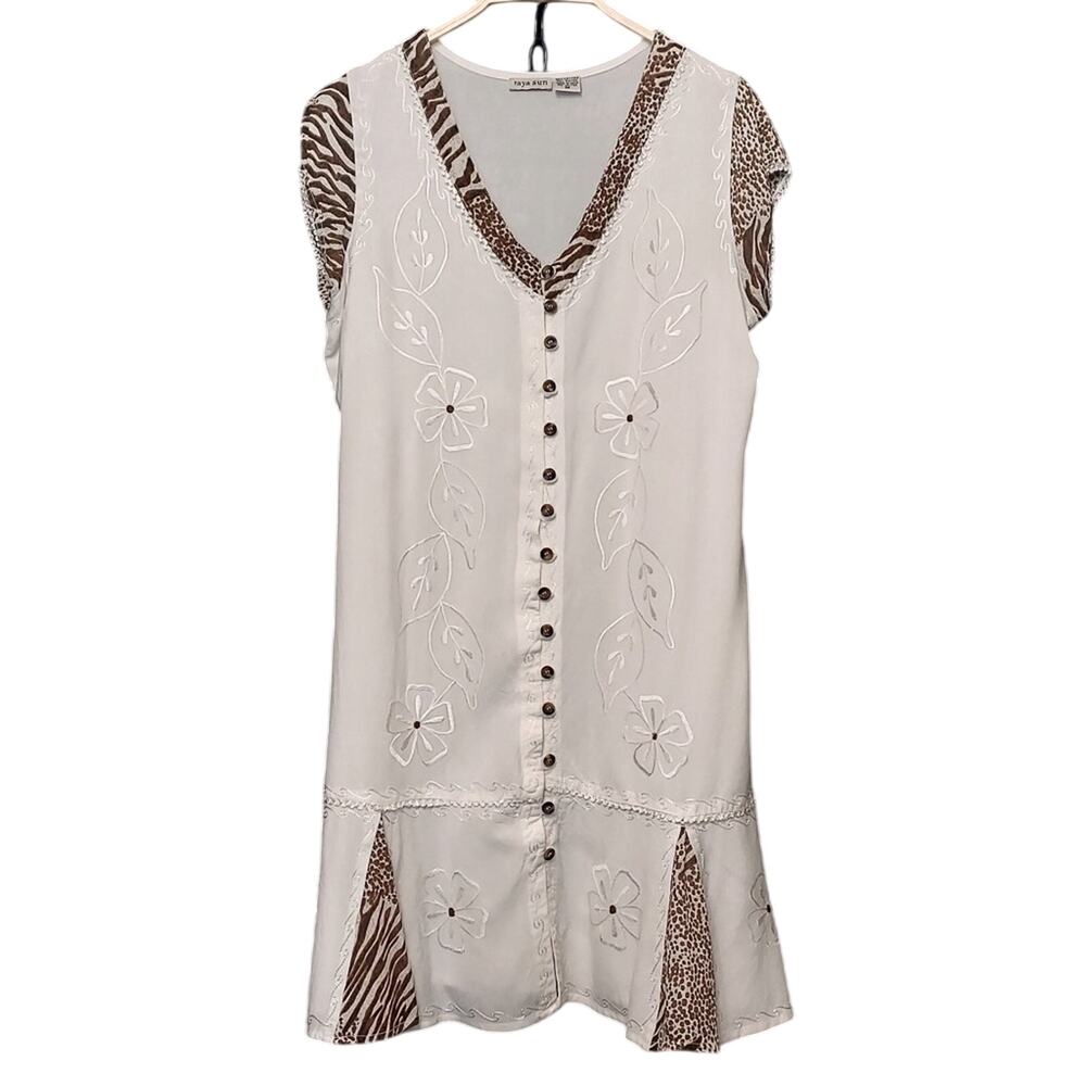 Raya Sun White Brown Button Front Floral Embroidery Animal Print Mini Swim Dress
